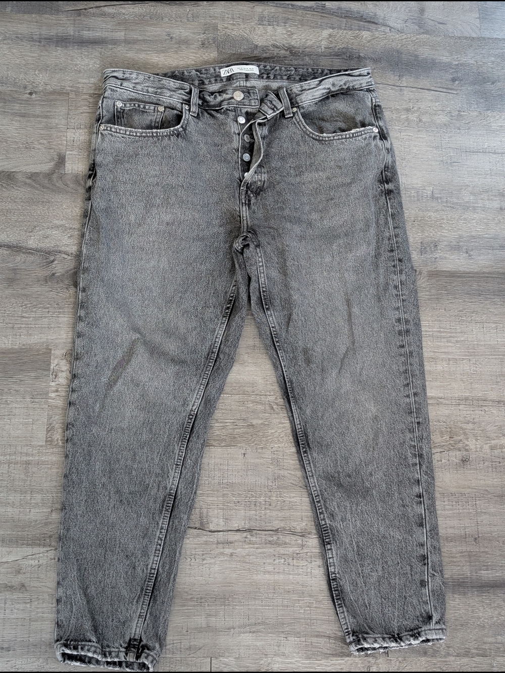 Zara Men's Washed Gray Slim Cropped 100% Cotton Rigid Jeans Size 36 Button Fly